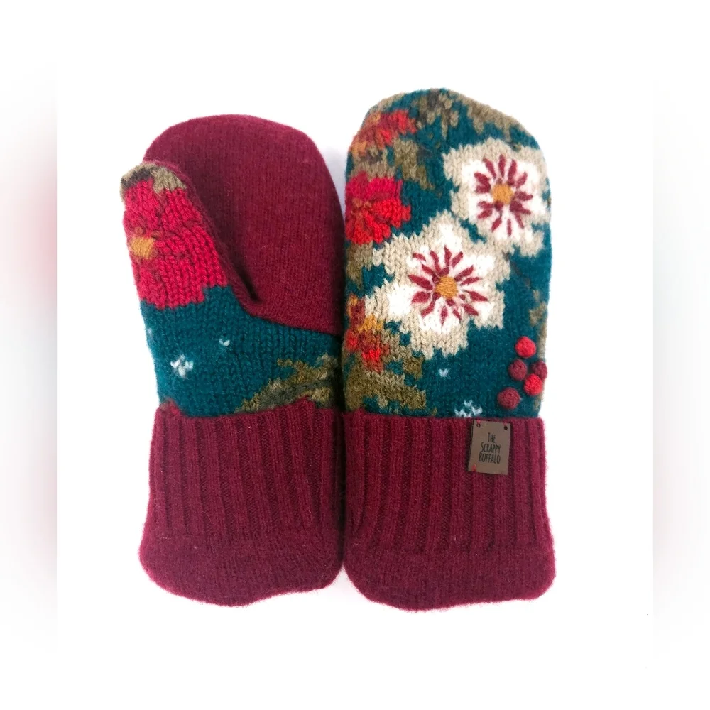Upcycled Embroidered Teal and Burgundy Sweater Mittens Double Fleece Lined M
